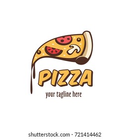 Vector logo pizza. A slice of hot pizza with mushrooms, sausage, tomatoes and cheese.