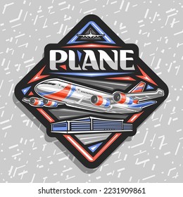 Vector logo for Plane in motion, dark decorative rhombus label with illustration of high speed blue and red plane with four turbine flying on dusk sky background, unique brush lettering for word plane