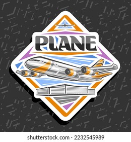 Vector logo for Plane in motion, white decorative rhombus label with illustration of high speed orange plane with 4 turbines, flying on day sky background, unique brush lettering for black word plane