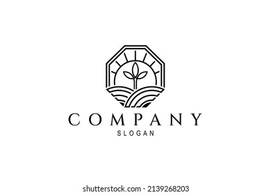 Vector logo of plants, plantations, gardens, paddy fields, nature and fields in octagonal emblem frame with line style