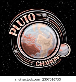 Vektorlogo für Pluto, dekorativer Fantasiendruck mit rotierendem Planeten-Pluto und vielen Monden, Felsoberfläche, rundes Kosmo-Tag mit einzigartiger Schrift für Text-Pluto und Charon auf schwarz-starrem Hintergrund