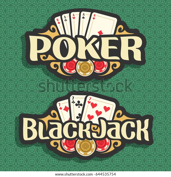 ベクター画像ロゴポーカーとブラックジャック 賭博ゲームポーカーの4つのエース カジノ のチップ 緑のシームレスなパターン背景に3つの7のカードの組み合わせ ブラックジャックのテーマにアートの文字 のベクター画像素材 ロイヤリティフリー