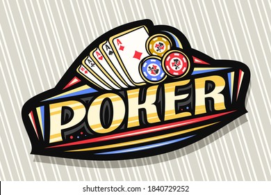 Vector logo for Poker Gamble, dark modern badge with illustration of playing cards and chips, unique lettering for orange word poker, gambling signboard with decorative flourishes and trendy line art.