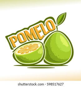 Vector logo Pomelo Fruit: still life consisting of cut slice Green pummelo and whole exotic fruit with green leaf, abstract icon chinese pomelo with title text for label closeup on white background.