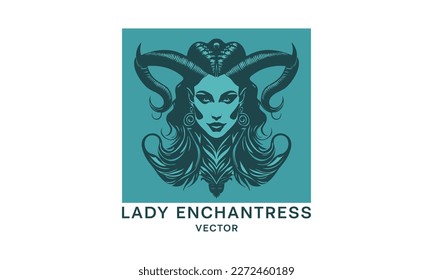 Vector logo, portrait of a beautiful pleasant lady enchantress with branched horns. Sticker, icon or emblem isolated on white background. Goddess sorceress.