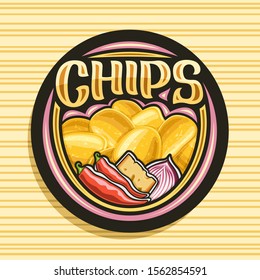 Vector logo for Potato Chips, decorative signage with illustration of heap crispy potatoes, chili peppers, slice of cheese, red onion, black tag with brush script for word chips on striped background	