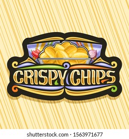 Vector logo for Potato Chips, decorative signage with illustration of crispy potatoes in transparent bowl and 2 plastic packs, black tag with original typeface for words crispy chips and flourishes.	