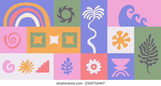 Logo vectorial y plantillas de diseño de impresión, palmeras de verano, ilustraciones trópicas a mano, concepto de surf tropical, vacaciones y viajes, palmeras y elementos de boho hippie