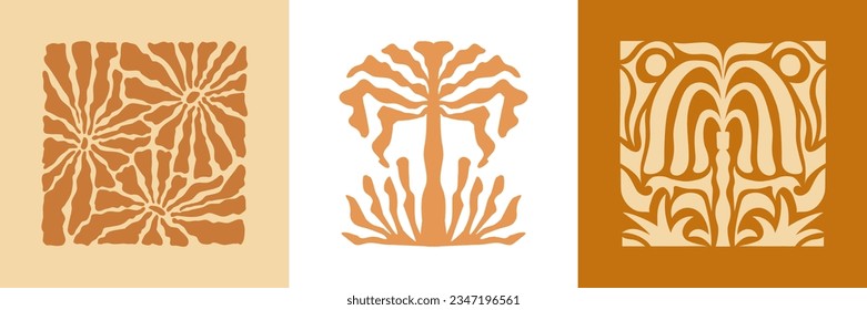 Logo vectorial y plantillas de diseño de impresión, palmeras de verano, ilustraciones trópicas a mano, concepto de surf tropical, vacaciones y viajes, palmeras y elementos de boho hippie