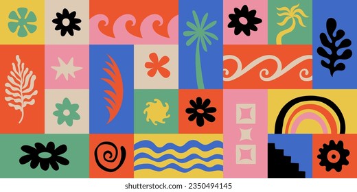 Logo vectorial y plantillas de diseño de impresión, palmeras de verano, ilustraciones trópicas a mano, concepto de surf tropical, vacaciones y viajes, palmeras y elementos de boho hippie
