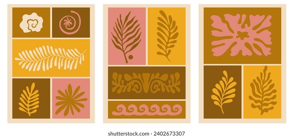 Logo vectorial y plantillas de diseño de impresión, palmeras de verano, ilustraciones trópicas a mano, elementos boho de palmeras, cubiertas verticales y banners