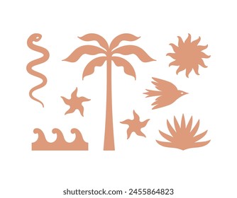 Vector logo and print design templates, summer palms, tropical hand drawn illustrations, tropical surfing concept, vacation and travel, palm trees and hippie boho elements