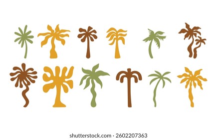 Vector logo and print design templates, summer palms, tropical hand drawn illustrations, tropical surfing concept, vacation and travel, palm trees and hippie boho elements, vector eps file.
