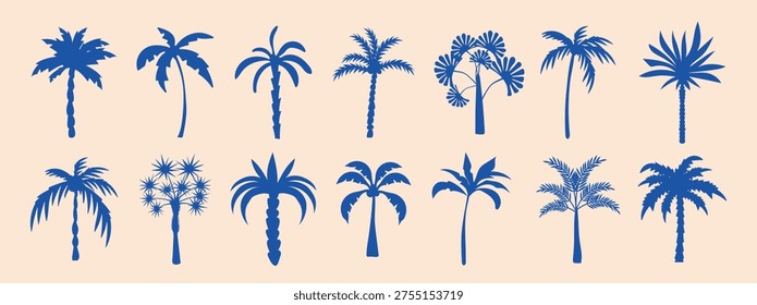 Vector logo and print design templates with summer palms and tropical hand drawn illustrations. Palm trees, surfing, vacation and boho hippie elements for posters, branding, social media and travel