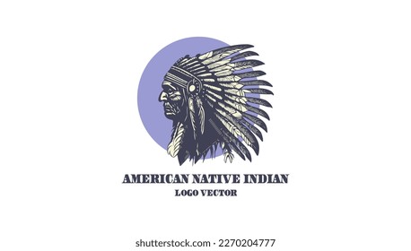 Vector logo, profile portrait of an American native Indian wearing a crown of bird feathers with a blue circle. White isolated background. Emblem, icon or sticker.