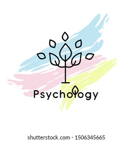 Vector Logo Of Psychology. Psychologist, Psychotherapist, Psychiatrist, Doctor, Coach, Teacher. Help, Support, Problems, Difficult, Relationships. Letter Psi. Tree With Leaves On A Colored Background.