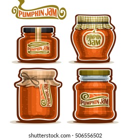 Vector logo Pumpkin Jam in Jars with checkered paper lid, rustic Pot home made pumpkin jams, twine bow, homemade fruit jam jar, farm halloween dessert autumn harvest pot with label, isolated on white.