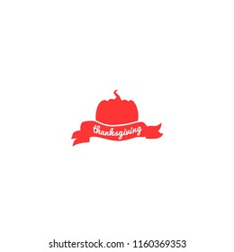 Vector logo with pumpkin and ribbon, red, flat illustration, Thanksgiving Day
