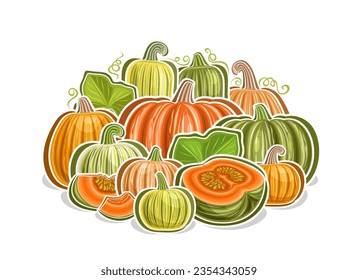 Vector logo for Pumpkins, decorative horizontal poster with cartoon design pumpkin and kabocha vegetarian composition, vegan print with different whole and cut pieces raw pumpkins on white background