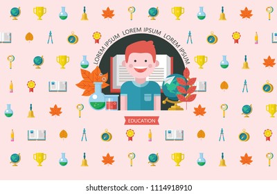Vector logo with pupil, autumn leaves, open book, globe and chemical flasks. Welcome back to school. Press wall for a photo shoot. Vector emblem of education.