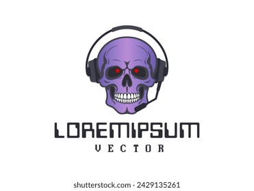 Vector logo. Purple human graphic skull with gaming headphones and microphone. Lorem Ipsum. White isolated background.