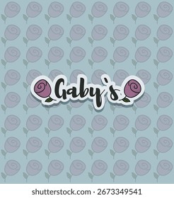 Logotipo de Vector “Gaby’s” con rosas moradas sobre un fondo floral sin fisuras