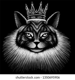 The Vector logo queen of cats for tattoo or T-shirt design or outwear.  Cute crown print style cat of background.