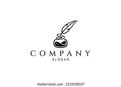 Vector logo of a quill pen with ink bottle in simple flat design style.