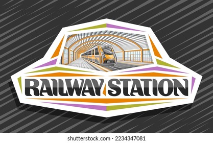 Logotipo vectorial para la estación de ferrocarril, tablero de signos decorativo blanco con ilustración de un tren anaranjado corriendo por ferrocarril, placa industrial con un rotulado único para palabras negras estación de tren