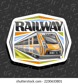 Logotipo vectorial para Ferrocarril, tablero de signos decorativo blanco con ilustración de la carrera de trenes naranja por ferrocarril, etiqueta industrial con grabado de brochas únicas para el ferrocarril de palabras sobre fondo abstracto negro
