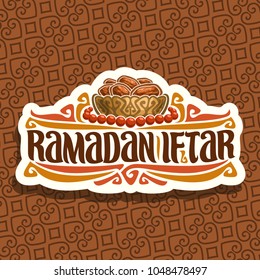 Vector logo for Ramadan Iftar party, cut paper sign with pile of islamic fasting food-dried dates in bronze bowl and red prayer beads or muslim rosary, original brush typeface for words ramadan iftar.