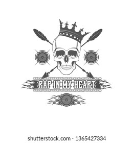 Vector logo. Rap music Skull in the crown. Emblem, symbol, element. Musical performance.