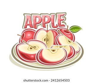 Vector logo for Red Apple, decorative horizontal poster with outline illustration of juicy apple composition with green leaves, cartoon design fruity print with chopped apple parts on white background