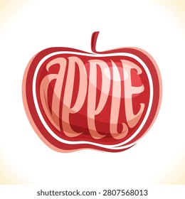Vector logo for red Apple, square poster with one whole fruit for package of fresh juice or candy, price tag with original font for word apple inscribed in fruit shape, sticker for vegan grocery store