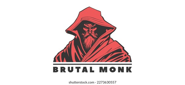 Vector logo, red, bearded powerful formidable brutal monk in a hood on a white isolated background. Hidden warrior. Sticker, icon or emblem.