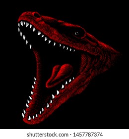 The Vector logo red dragon or dinosaur  for T-shirt print  design or outwear.  Hunting style reptile background.