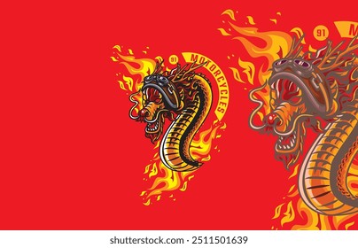 Vector logo of a red dragon wearing a brown helmet, with flames in the background, motorcycle club theme, red backdrop.