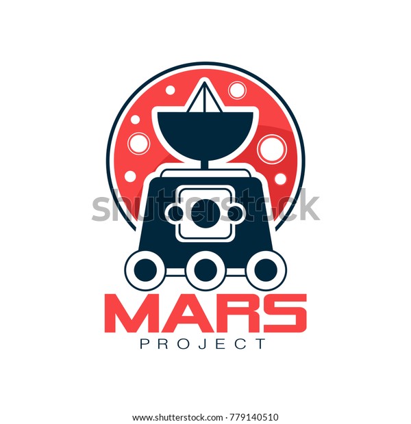Vector logo of Red planet\
and explorer rover with satellite and camera. Space exploration and\
Mars colonization. Scientific expedition. Abstract emblem in line\
style