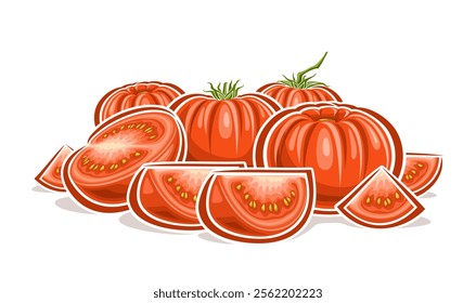 Vector logo for Red Tomatoes, horizontal poster with cartoon design ripe tomato composition with green leaf, decorative placard with group of whole and chopped tomatoes still life on white background