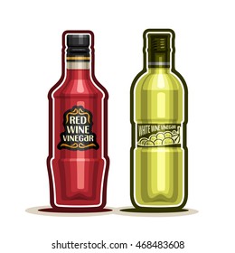 Vector logo Red and White Wine Vinegar Bottles, container grape acetum with plastic cap, glass bottle natural wine vinegar with label, isolated on white background, acetic liquid for vegetable salad.