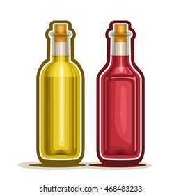 Vector logo Red and Yellow Wine Bottles, container rose alcohol drink with wooden cork, glass bottle fruit apple vinegar and berry white grape juice, isolated on white background, fresh olive oil.