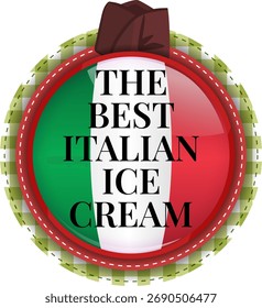 Logo del Vector que representa el mejor helado italiano, con los colores de la bandera italiana verde, blanco y rojo. El diseño circular incluye un sombrero de vendedor tradicional en la parte superior, que simboliza al artesano