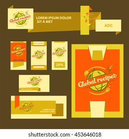 Vector logo for restaurant cafe. Illustration corporate identity for premium bar menu on white background. World service global recipes. Company identity logotype with hand drawn fork and spoon.