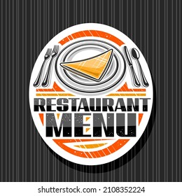 Vector logo for Restaurant Menu, white oval sticker with illustration of dish with napkin and silverware set top view, unique brush lettering for words restaurant menu on dark striped background