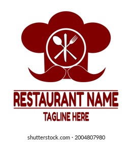 Vector Logo restaurant with red color isolated on white background.  Consists of illustrations of plates, spoons, forks, knives and chef's hats