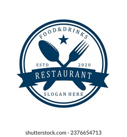logotipo vectorial para un símbolo de restaurante en azul oscuro, sobre fondo blanco.
