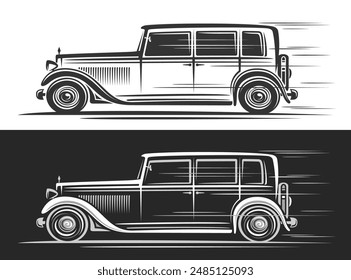 Logotipo de Vector para el coche retro americano, Anuncios decorativos automotrices con ilustración de línea de coche monocromo en movimiento, arte de Clip corriendo coche caro de los años veinte rugientes sobre fondo blanco y negro