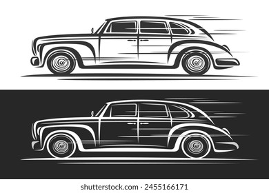 Logotipo de Vector para coche retro, Anuncios decorativos Horizontales con ilustración de contorno simple de elegante coche histórico en movimiento, diseño de arte de línea monocromo coche de concepto exótico sobre fondo blanco y negro