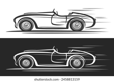 Vector logo for Retro Sport Car, horizontal automotive banners with contour illustration of monochrome concept car in motion, decorative running sporty car without roof on black and white background