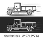 Vector logo for Retro Truck, horizontal automotive banner with clip art contour illustration of vintage truck in moving, line art running monochrome classic retro lorry on black and white backgroun